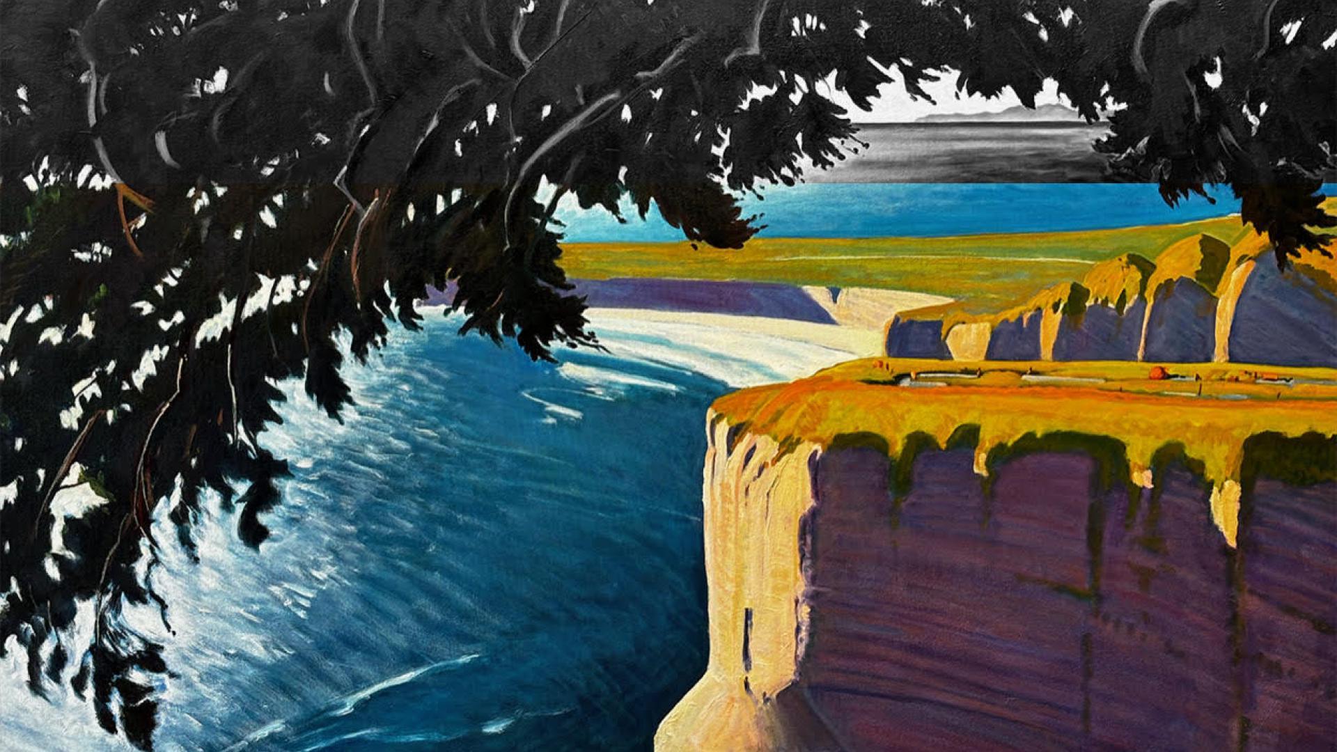 Painting of yellow cliffs overlooking a blue ocean, with a tree canopy in the upper foreground.